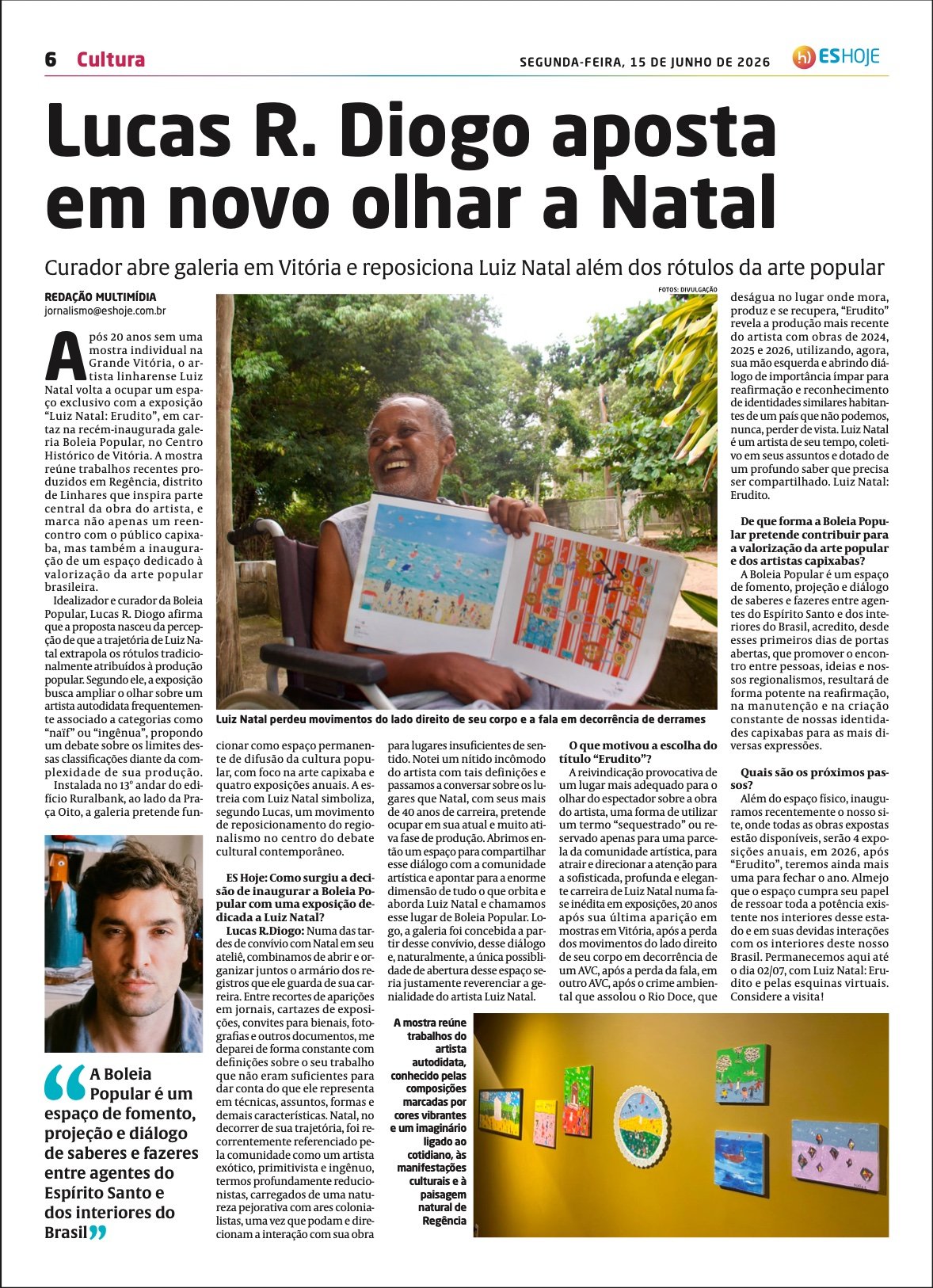 Página do caderno de cultura do Jornal ES HOJE, em 15/06/26.